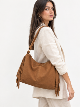 Side view of a woman in a beige linen suit carrying a brown fringed leather tote bag over her shoulder.