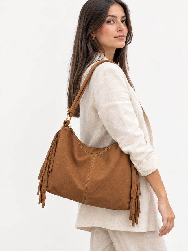 Side view of a woman in a beige linen suit carrying a brown fringed leather tote bag over her shoulder.