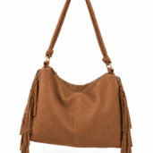 Brown fringe tote bag with long shoulder strap and side tassels, made of suede-like material.