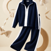 Navy tracksuit with white side stripes, a zip-up jacket and wide-leg pants on a beige studio backdrop.