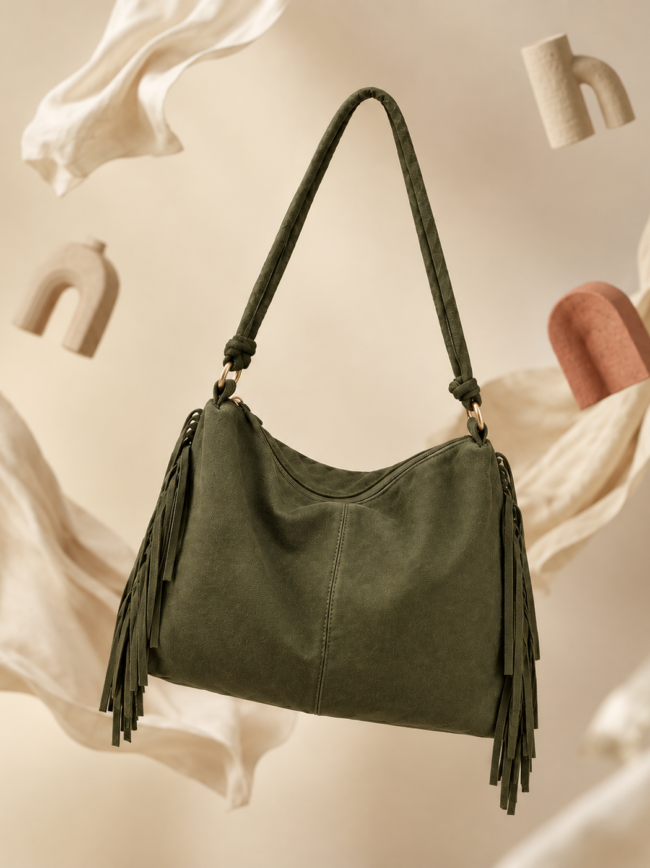 Olive green handbag with a long strap and fringe tassels, suspended in midair against a beige backdrop.