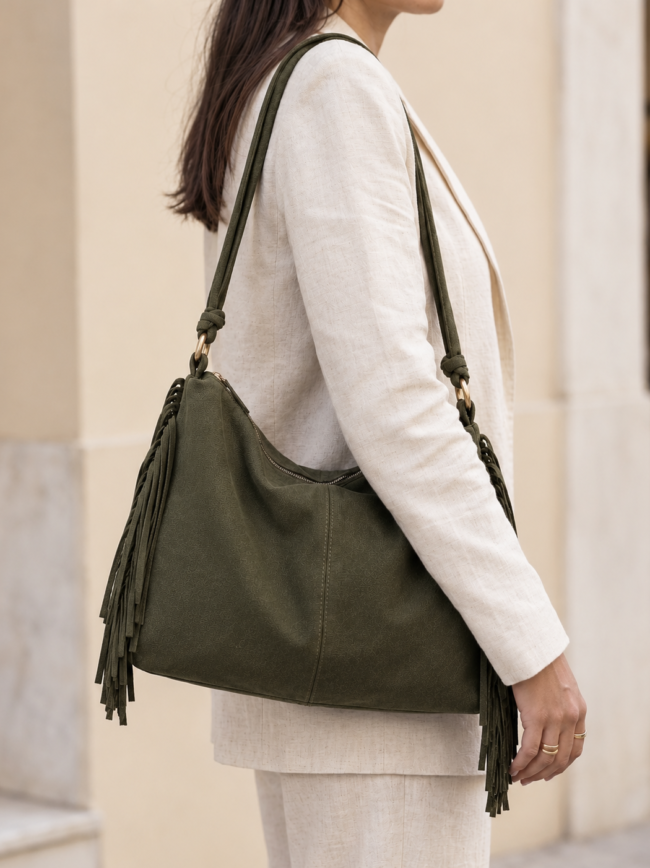 Side view of a person in a beige suit carrying an olive green fringe handbag over the shoulder.