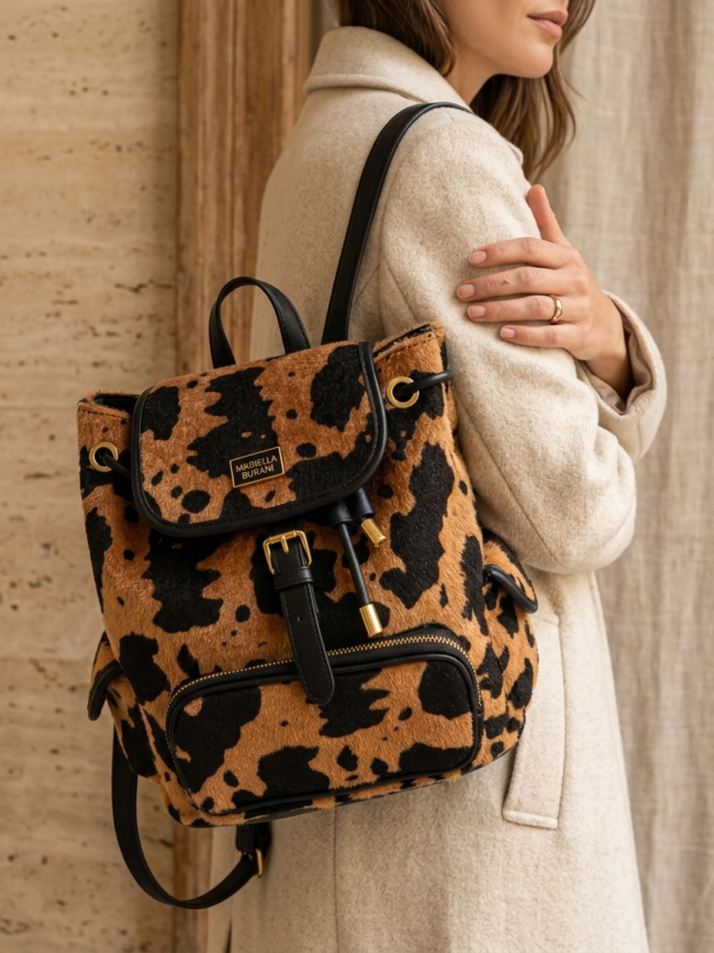 Woman in a beige coat wearing a leopard-print backpack with black trim and gold hardware, seen from the side.