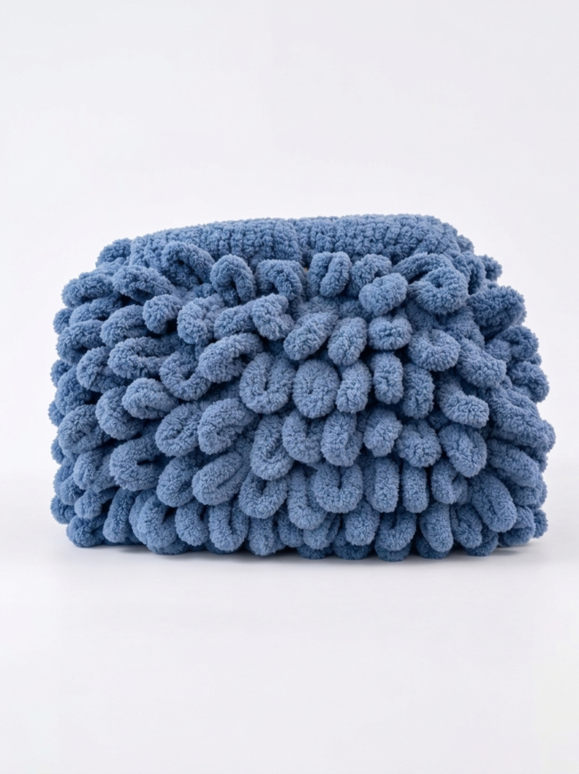 844B81fzPOR99nzIBbGkkq Blue plush cube-shaped pillow with a looped chenille texture.