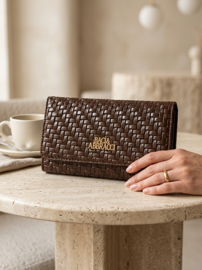 Brown woven leather wallet on a marble table with a hand resting beside it; brand name Baci & Abbracci visible in gold lettering.