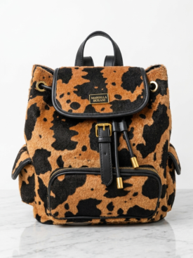 Leopard-print faux fur backpack with black leather trim and gold hardware, Mariella Burani label visible on flap
