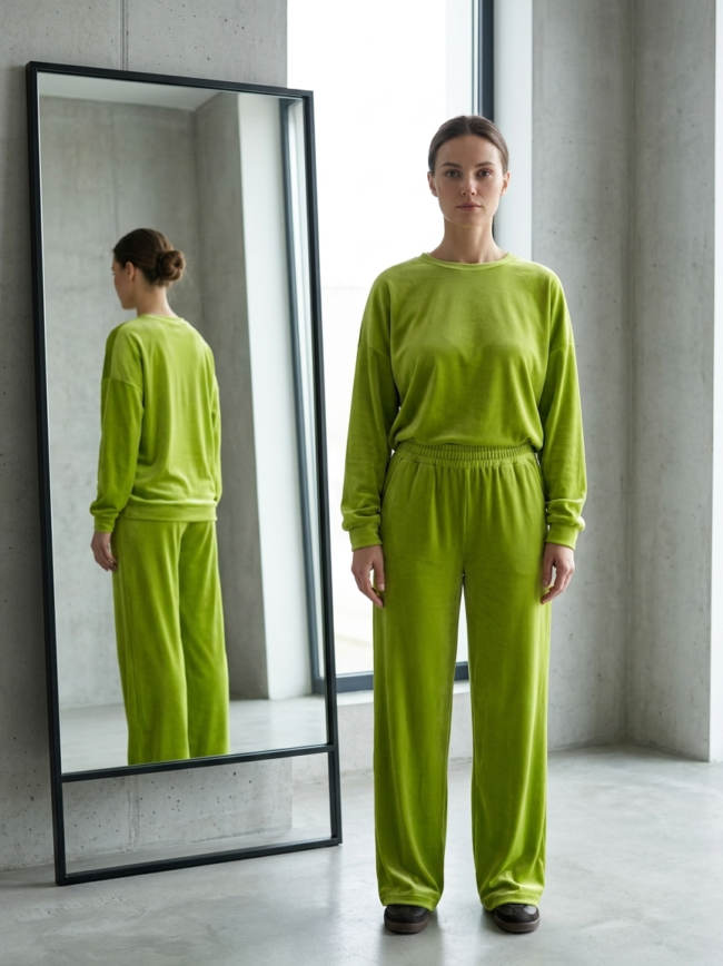 8_6MBbXzwxQ9YMsjQ_z45e Woman in a bright lime-green tracksuit stands facing the camera in a minimalist concrete room, with a full-length mirror showing her back reflection on the left.