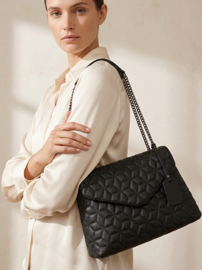 8muDi5Q131h1GatZ9AMOUX Woman in a light blouse carries a black quilted shoulder bag with a chain strap.