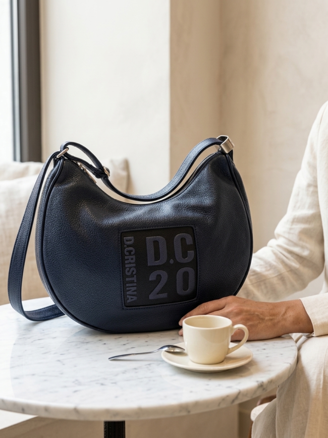 Navy blue leather handbag with a D.C.20 logo patch on a marble table; a person in beige sits nearby with a cup of coffee.