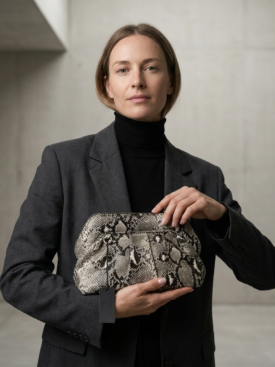 Woman in a dark blazer holds a snakeskin-patterned clutch in front of a neutral concrete backdrop.