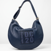 Navy blue pebbled leather shoulder bag with a curved handle and a square logo patch on the front.