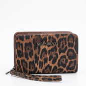 Leopard-print Baci & Abbracci zip wallet with matching wrist strap on a white background, closed view