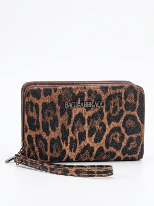 Leopard-print Baci & Abbracci zip wallet with matching wrist strap on a white background, closed view