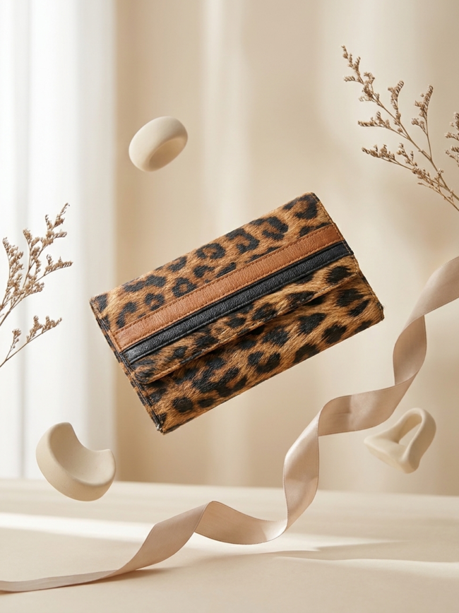 Leopard print clutch purse suspended in midair with a pink satin ribbon and dried plant stems in a neutral backdrop.