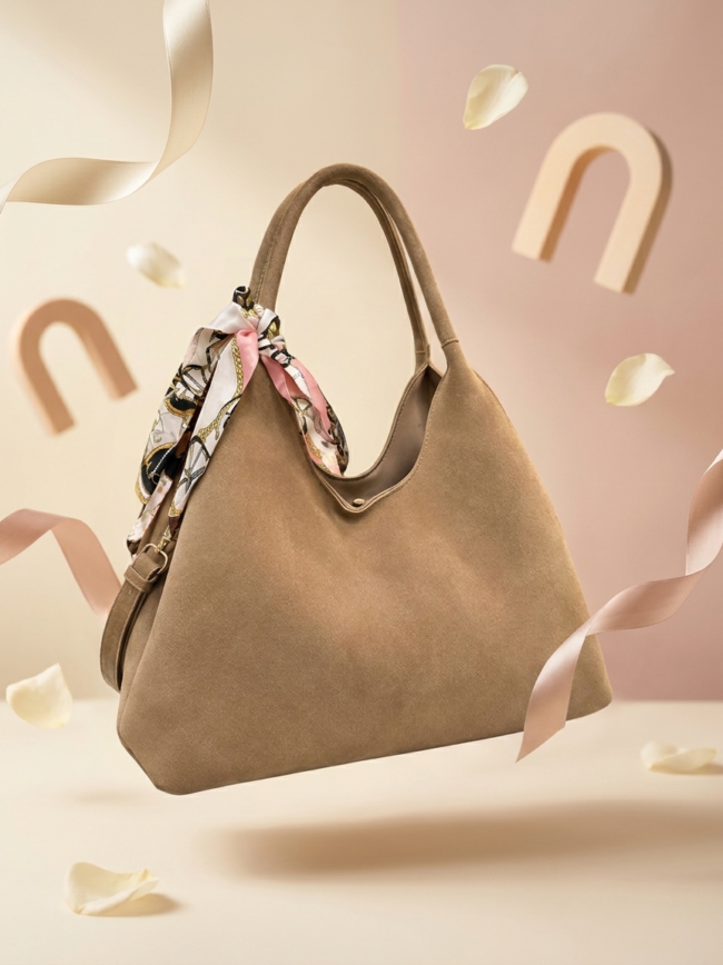 Beige tote bag with a patterned scarf tied to the handle, suspended in soft pastel backdrop with rose petals nearby.