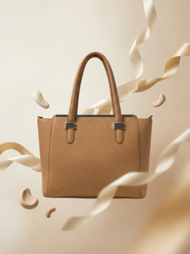 Tan leather tote bag with structured shape, floating amid beige ribbons against a neutral background in a product shot.