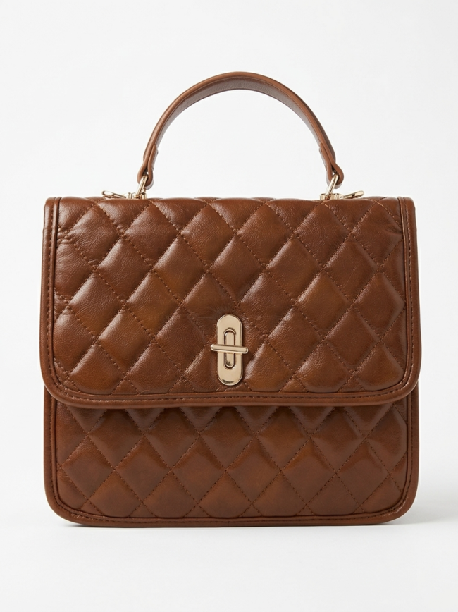 9YQfgODdx5N9AauEnfd4eO Brown quilted leather handbag with a top handle and gold-tone clasped closure.