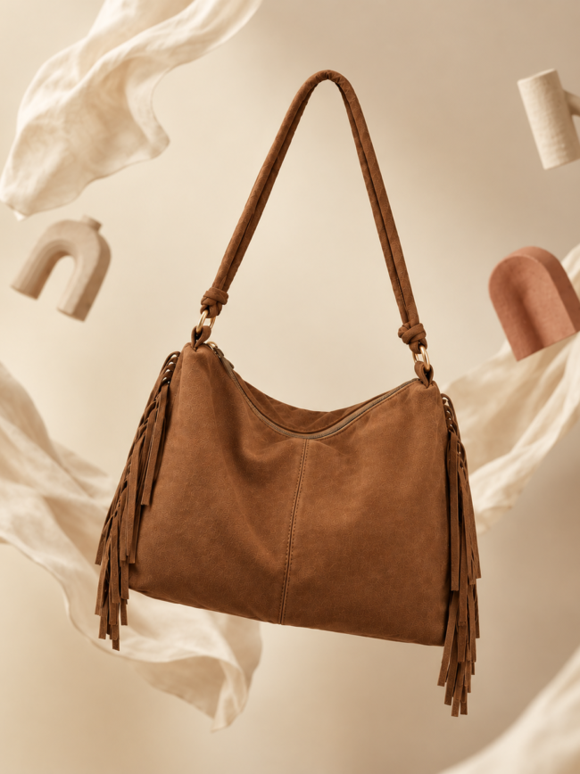 Brown leather shoulder bag with long strap and fringe tassels, suspended in a neutral backdrop.