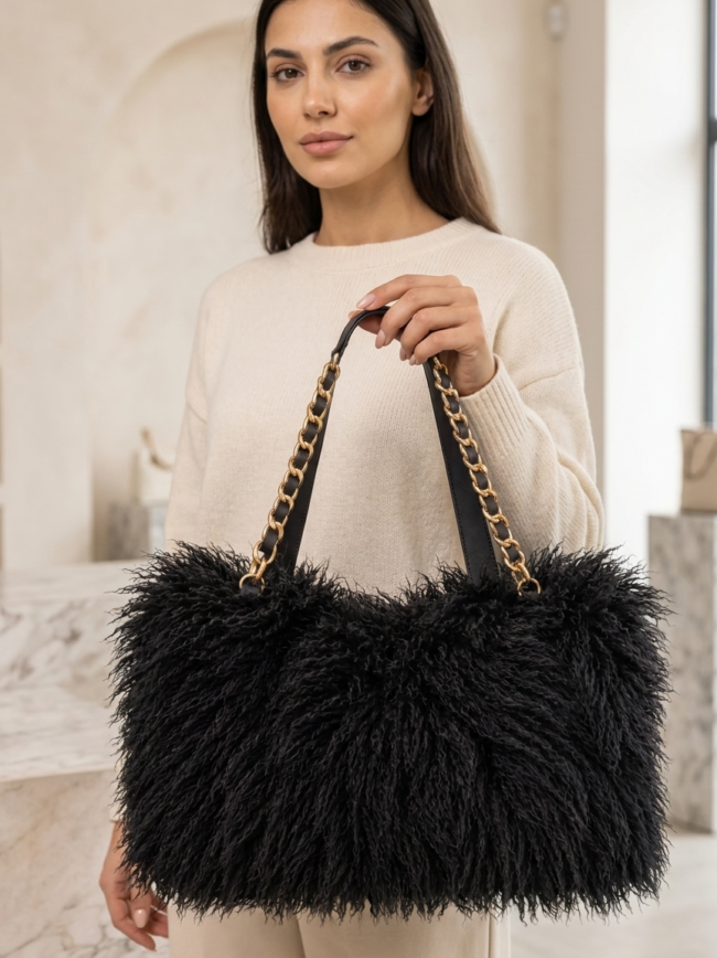 9c0I4lQ1S0Z7WNezxrikVU Woman in a beige sweater holding a large black fluffy tote with gold chain straps.