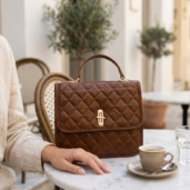 Brown quilted handbag with a gold clasp sits on a marble table at an outdoor cafe; a nearby hand rests, with a cup of espresso and a glass of water beside it.