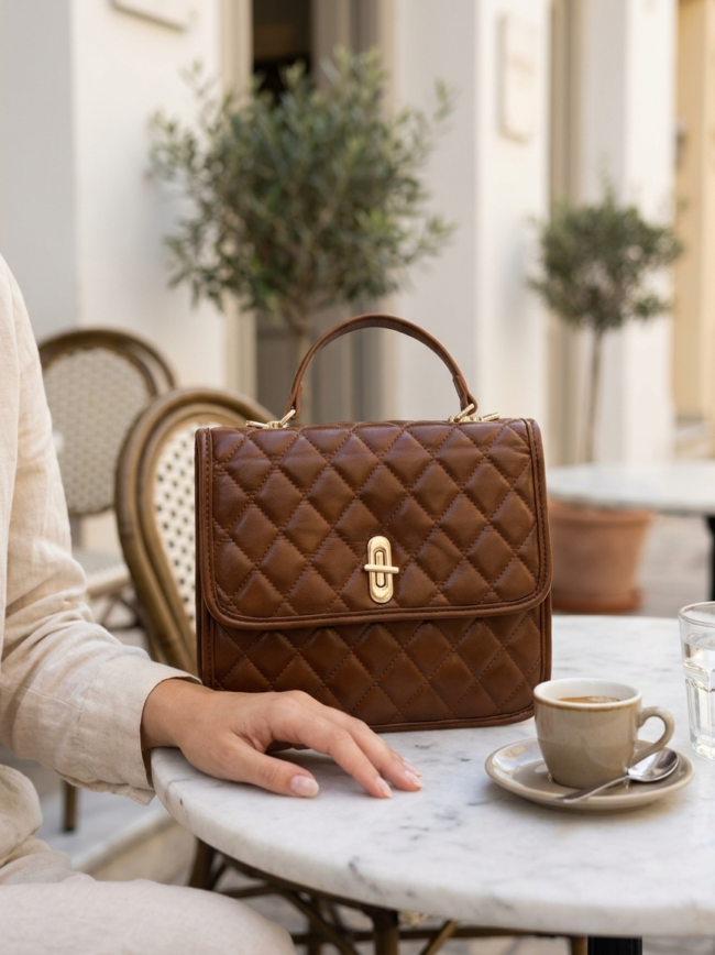 9enjdDZCadJaFMiNyVz4jL Brown quilted handbag with a gold clasp sits on a marble table at an outdoor cafe; a nearby hand rests, with a cup of espresso and a glass of water beside it.