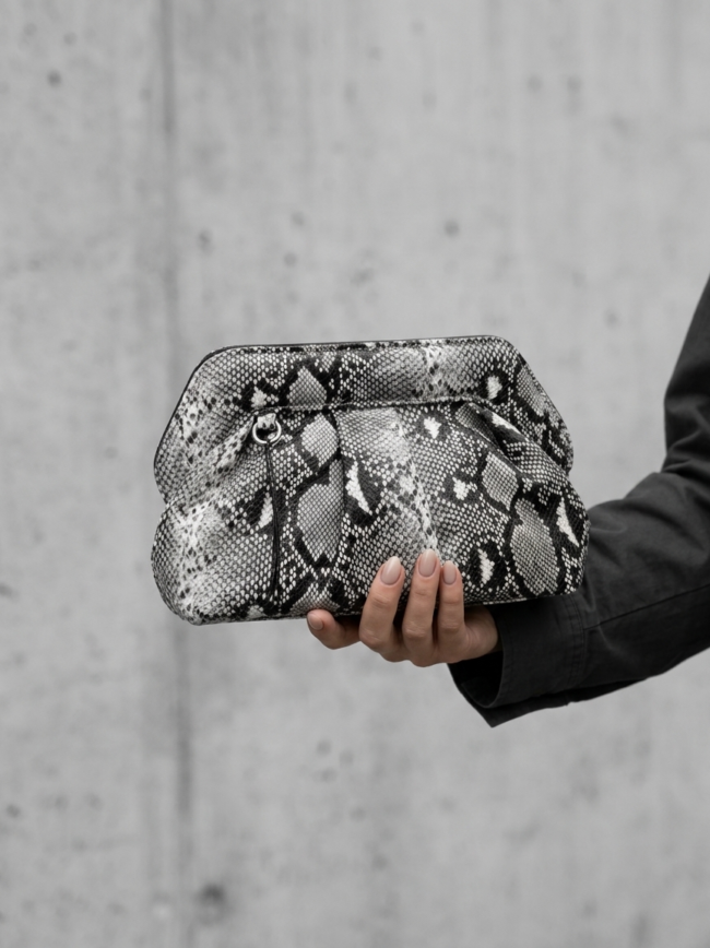 9fQGioALASc49hmXGiykVs Person's hand holds a snakeskin-pattern clutch bag against a concrete wall.