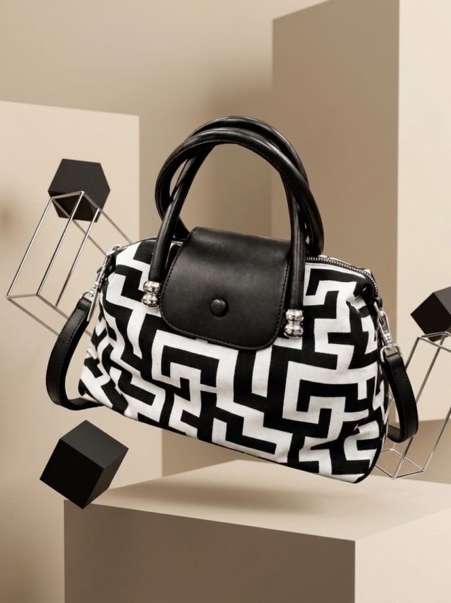 9qhDehBsjNcbS-JBCldkLm Black-and-white geometric pattern handbag with black handles, displayed on a pedestal.