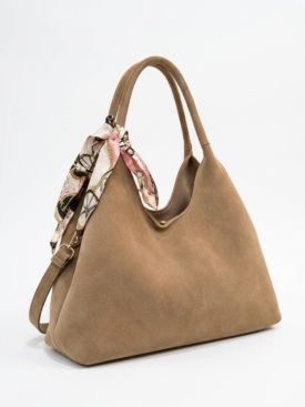 a2bVnveau2R1m1VgBLLkeD - Merlin Luxury Tan suede handbag with a colorful scarf tied to the handle, shown against a white background.