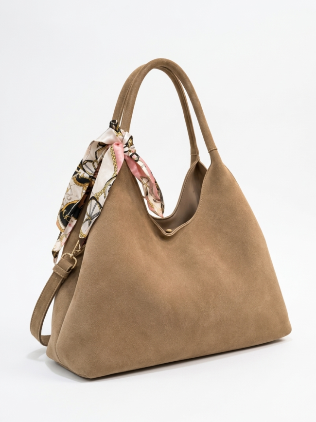 Tan suede handbag with a colorful scarf tied to the handle, shown against a white background.