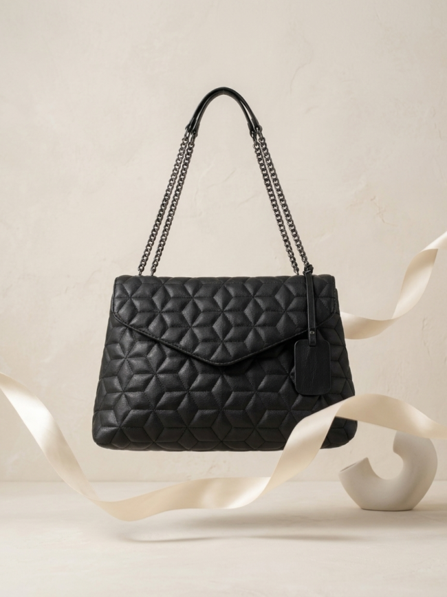 aHqmhMVhD-ke2qoYBtvksW Black quilted handbag with chain handles hanging in the air.
