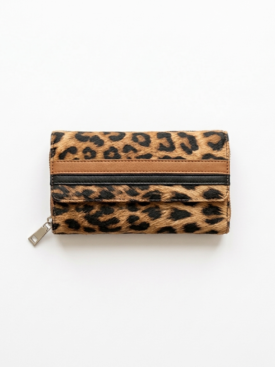 Leopard print wallet with a zipper and brown trim on a light background