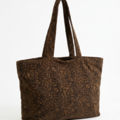 Brown leopard-print tote bag with two shoulder straps on a white background