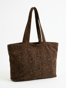 Brown leopard-print tote bag with two shoulder straps on a white background