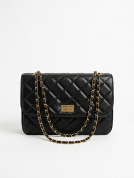 acc53lpIoAM0AXABiG444i - Merlin Luxury Black quilted leather handbag with gold chain strap and rectangular turn-lock clasp.