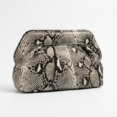 Snake-print clutch bag with a top zipper and metal ring accent on the side, in gray and black tones