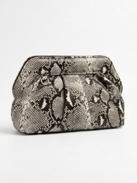 Snake-print clutch bag with a top zipper and metal ring accent on the side, in gray and black tones