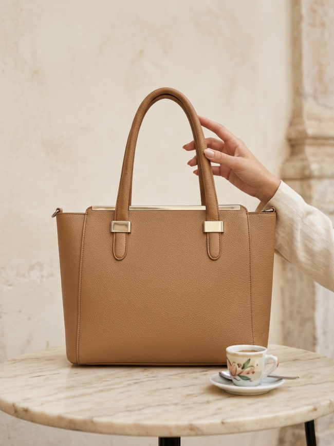 Tanned leather handbag on a marble table with a hand holding its strap, a small espresso cup nearby in a cozy cafe setting.