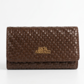 Brown woven leather wallet with gold Baci & Abbracci logo, rectangular clutch style against white background.