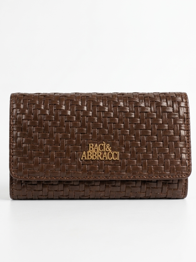 Brown woven leather wallet with gold Baci & Abbracci logo, rectangular clutch style against white background.