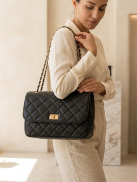 b7F58HBiyh921y_fMqY_pm - Merlin Luxury Woman in a cream blouse and beige pants carries a black quilted leather handbag with a gold chain strap over her shoulder.