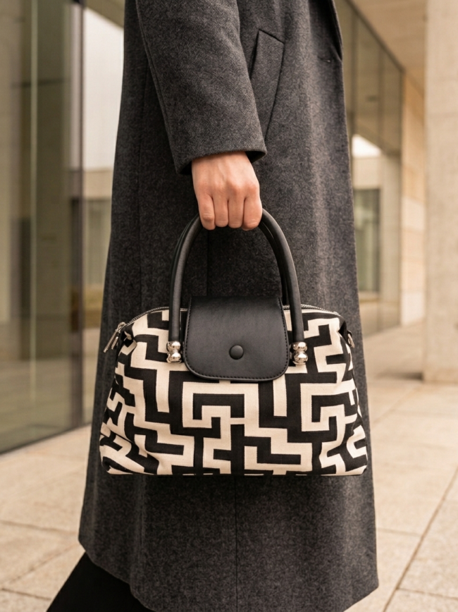 bO1tIVCx3-M8PNjI7mS4Os Person in a dark coat carrying a black-and-white geometric patterned handbag with a black flap and handles.