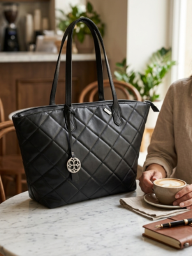 bOhe6Js8xvr9JIJBePb_sU - Merlin Luxury Black quilted tote bag on a marble table in a cafe, with a person holding a cup of coffee nearby.