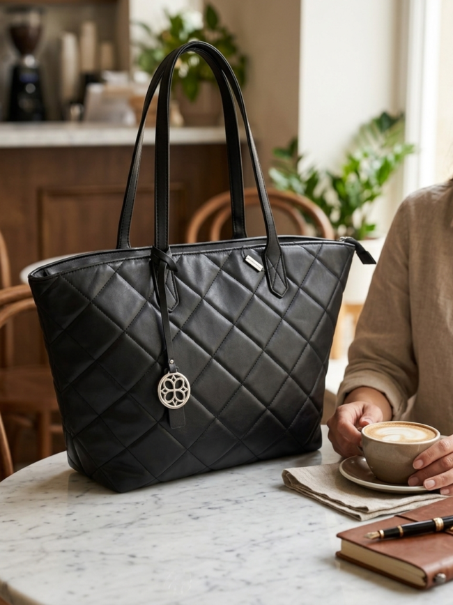 Black quilted tote bag on a marble table in a cafe, with a person holding a cup of coffee nearby.