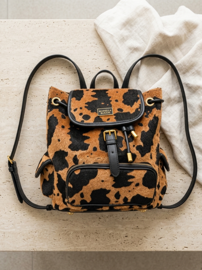 Leopard print backpack with black leather trim and gold hardware on a light stone surface.
