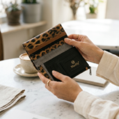 Leopard-print wallet with brown trim and zipper being held at a marble table in a bright cafe, brand MaxFly visible.