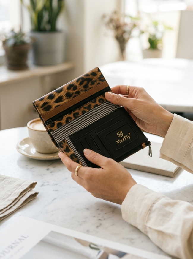 Leopard-print wallet with brown trim and zipper being held at a marble table in a bright cafe, brand MaxFly visible.