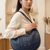 Woman in a cream blazer carries a large navy leather shoulder bag in a boutique, logo patch reads DC20/D.CRISTINA (foreground view).
