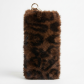 Leopard-print faux fur cylindrical pouch with a gold ring at the top for attaching to a bag or keychain accessory.