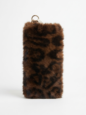 Leopard-print faux fur cylindrical pouch with a gold ring at the top for attaching to a bag or keychain accessory.