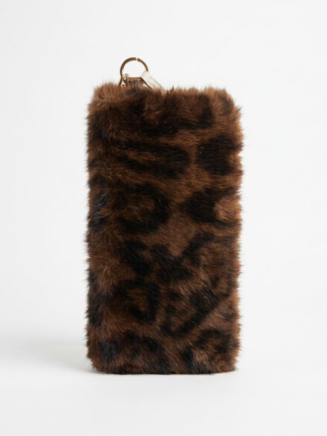 baCrYqSW-y04G6Eivndkmu Leopard-print faux fur cylindrical pouch with a gold ring at the top for attaching to a bag or keychain accessory.